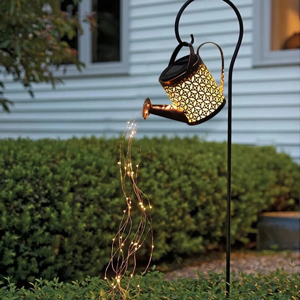 Solar Watering Can Outdoor Decorative Lights - Retro Metal Lantern Hanging Star LED Fairy Lamp for Garden Patio Lawn with Bracket