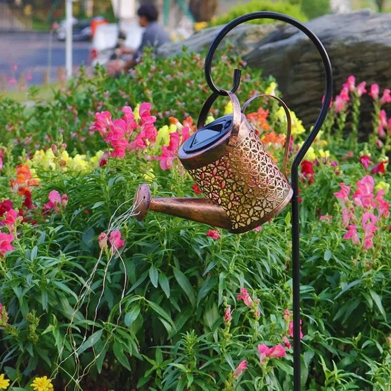 Solar Watering Can Outdoor Decorative Lights - Retro Metal Lantern Hanging Star LED Fairy Lamp for Garden Patio Lawn with Bracket