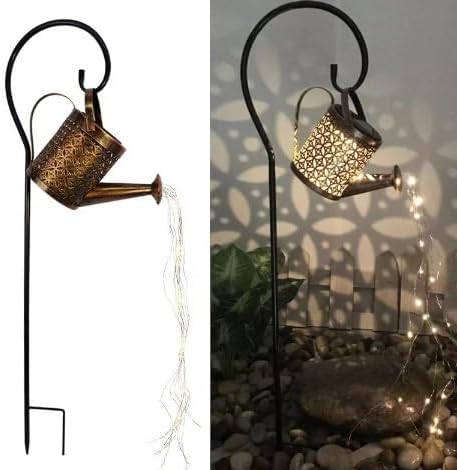 Solar Watering Can Outdoor Decorative Lights - Retro Metal Lantern Hanging Star LED Fairy Lamp for Garden Patio Lawn with Bracket