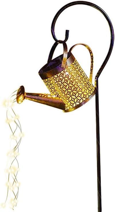 Solar Watering Can Outdoor Decorative Lights - Retro Metal Lantern Hanging Star LED Fairy Lamp for Garden Patio Lawn with Bracket