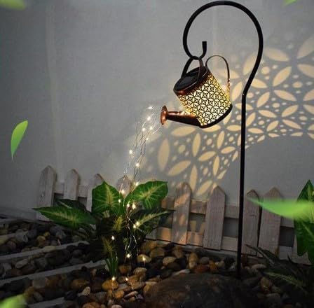 Solar Watering Can Outdoor Decorative Lights - Retro Metal Lantern Hanging Star LED Fairy Lamp for Garden Patio Lawn with Bracket