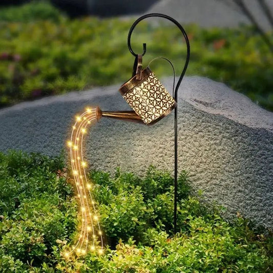 Solar Watering Can Outdoor Decorative Lights - Retro Metal Lantern Hanging Star LED Fairy Lamp for Garden Patio Lawn with Bracket